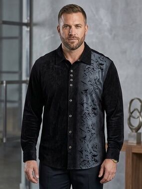 Venezzi 100% Cotton Black Corduroy Snap Front Shirt Novelty Panel 2XL Y2K Goth